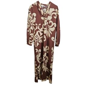 Mng Mango Maxi Dress Brown Batik Vneck Long Sleeve Size 4 Excellent